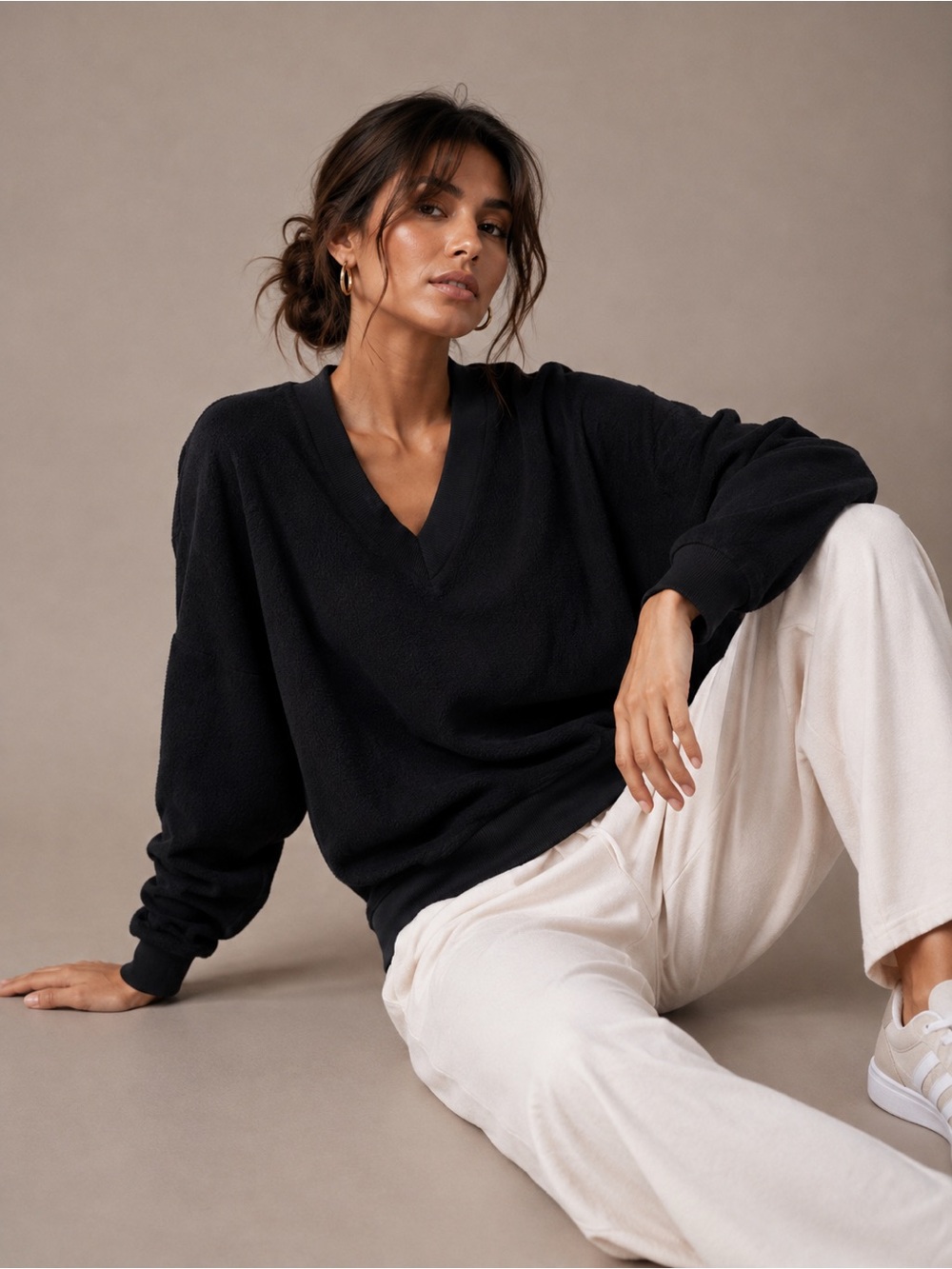 LA Made NWT Black V Neck Inside Out Fleece Sweatshirt Cotton Modal